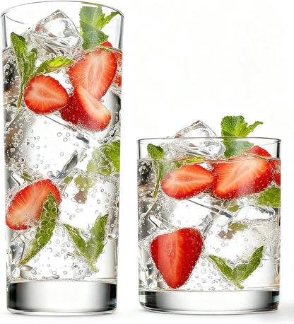 Everyday Drinking Glasses Set of 8, 14oz Tall Glass Cups & 10.5oz Short Dof Glasses Glass Water Cups, Hurricane Tumbler Drinkware for Cocktail, Iced Coffee, Beer, Tea, Wine, Whiskey