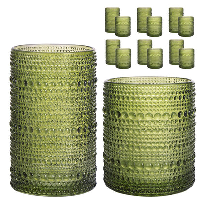 Moretoes Hobnail Drinking Glasses Set of 12, Vintage Water Glass Cups | 12 Oz Highball Glasses & 10 Oz Cocktail Glasses, Clear Embossed Boho Kitchen Bar Tumbler for Whiskey, Beer, Juice, Milk