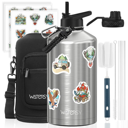 64oz Insulated Water Bottle (Cold for 48 Hrs),BPA Free&Leak Proof,Half Gallon Stainless Steel Water Flask,Water Jug with Straw Spout Lids for Gym,Hiking,Camping,Black Blue
