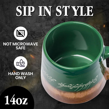 Silver Buffalo Lord of the Rings Elven, Reactive Glaze Pottery Mug, 14oz | High Gloss Finish, Tapered Shape, Elvish, Coffee Cup, Green, 0.4 Liters