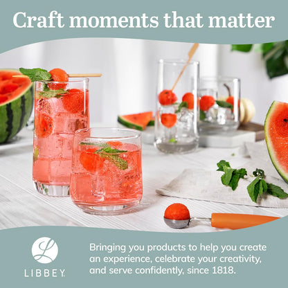 Libbey Ascent Tumbler & Rocks Drinking Glasses Set of 16, Clear Glass Cups | 16.25 oz & 12.25 oz Capacities Glasses for Water, Juice, Cocktails, and More with Curved Design and Dishwasher-Safe Care