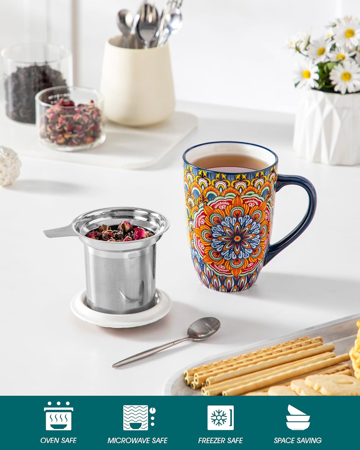 vancasso Ceramic Tea Mug with Infuser and Lid, 18 Ounce Bohemian Loose Leaf Cup, Microwave & Dishwasher Safe, Perfect for Tea, Coffee, Burnt-Cobalt Mandala