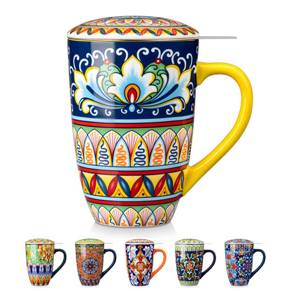 vancasso Ceramic Tea Mug with Infuser and Lid, 18 Ounce Bohemian Loose Leaf Cup, Microwave & Dishwasher Safe, Perfect for Tea, Coffee, Burnt-Cobalt Mandala