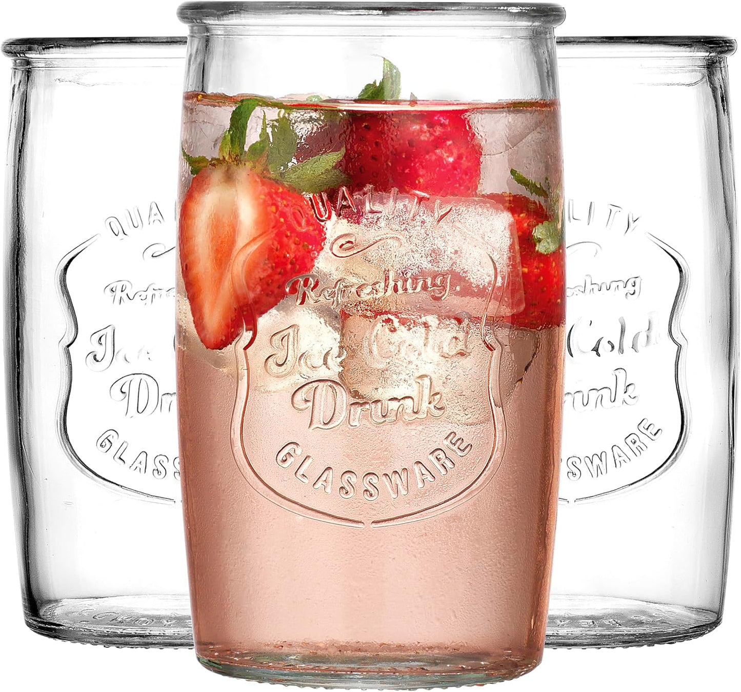Glaver's Drinking Glasses – Set of 4 Authentic Mason Vintage Glassware – Clear Glass Tumblers for Cocktails, Water, Juice – Embossed Vintage Drinking Glasses