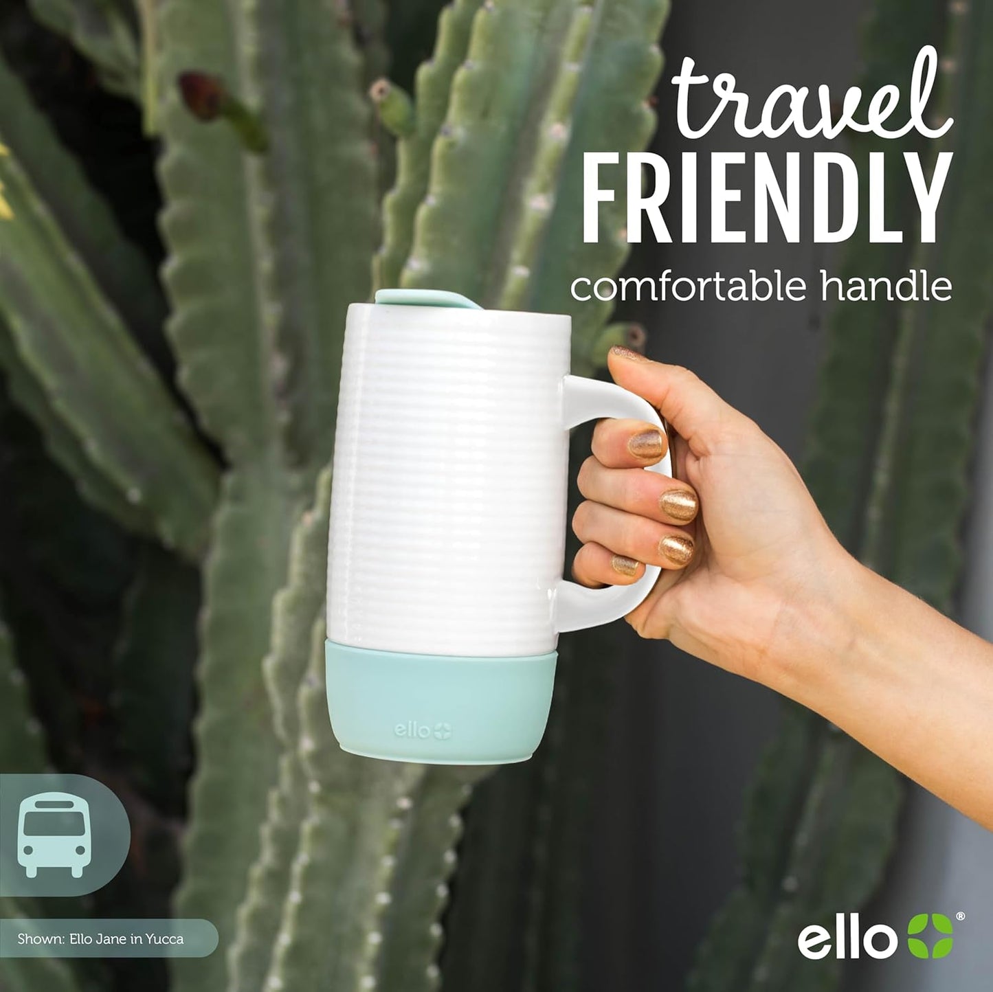 Ello Jane 18oz Ceramic Travel Mug with Handle, Splash-Resistant Slider Lid and Built-in Coaster, Perfect for Coffee and Tea, BPA Free, Dishwasher Safe, Holiday Gift Her Him, Yucca | Splash-resistant ceramic coffee tumbler with handle and silicone base. BP