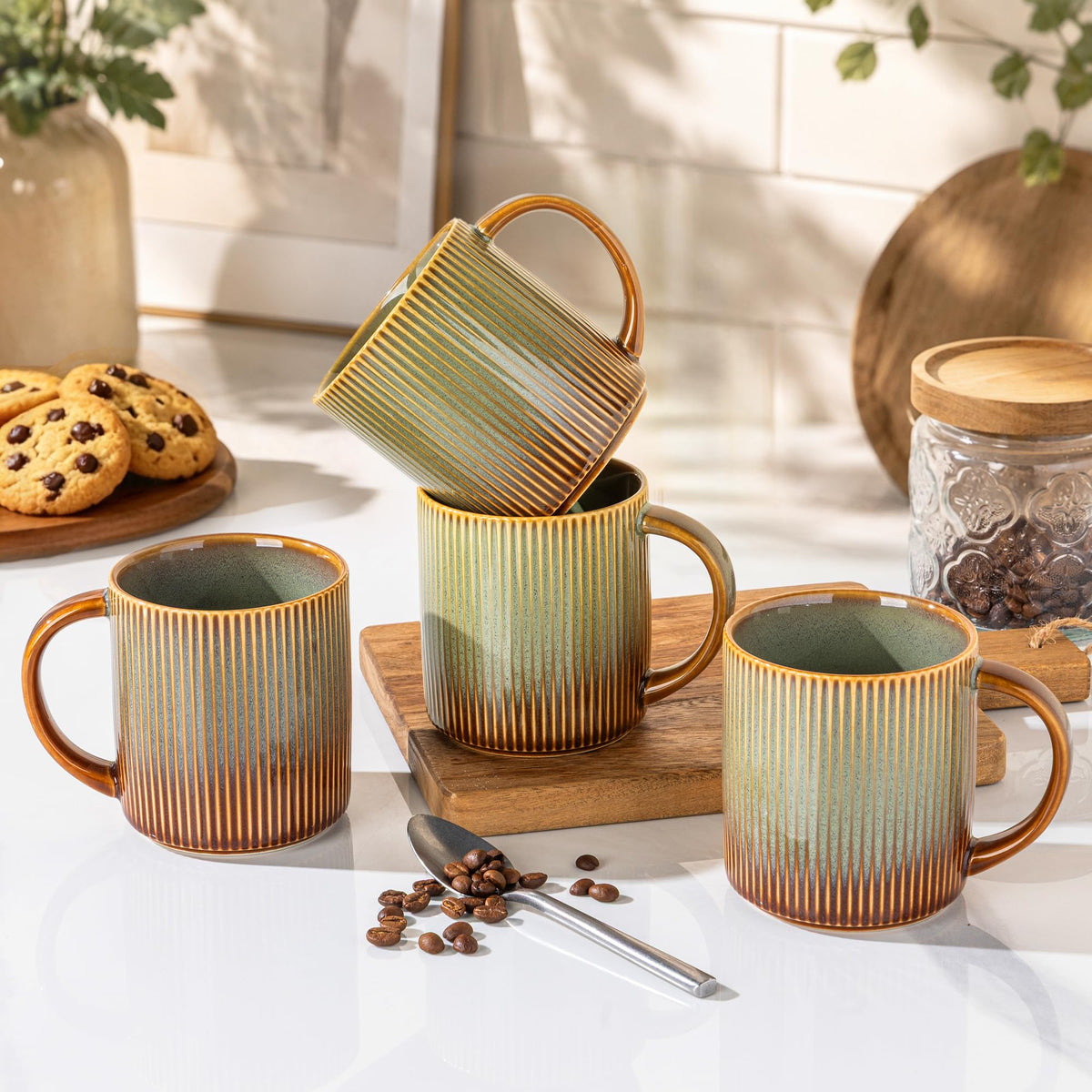 theterra Ceramic Coffee Mugs Set of 6, 14.2 oz Coffee Cups with Handle | Handmade, Suitable for Latte, Tea, Milk, Beer & Hot Cocoa, Cocoa Mocha
