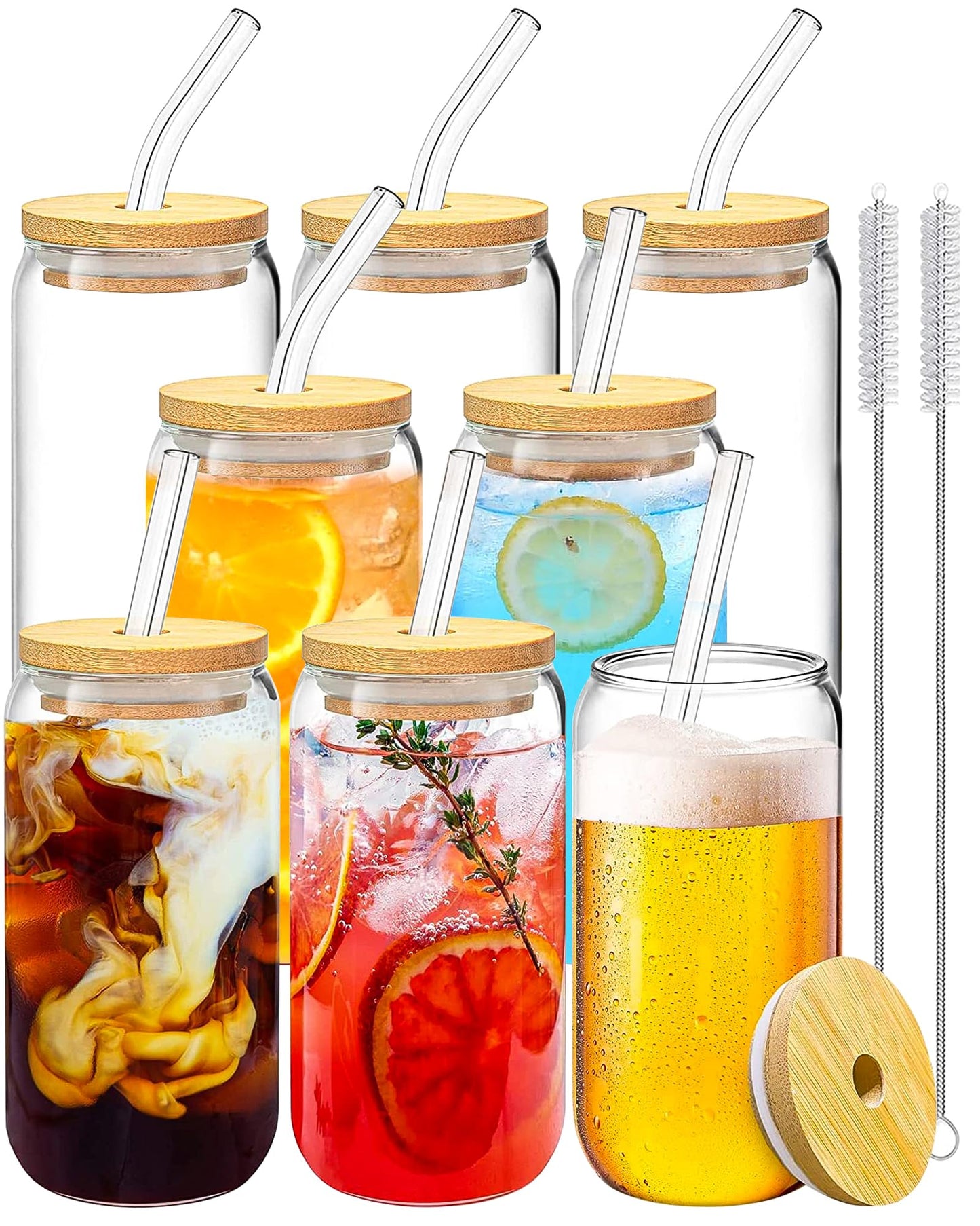 WISIMMALL Drinking Glasses with Bamboo Lids and Glass Straw 2PCS Set, 16oz Glass Cups with Lids and Straws, Beer, Iced Coffee Glasses, Soda, Gift 1 Cleaning Brushes