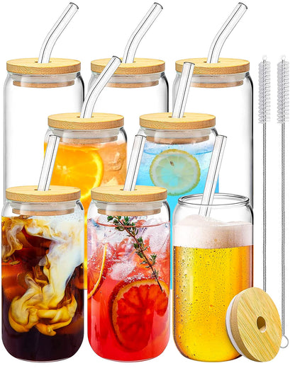 WISIMMALL Drinking Glasses with Bamboo Lids and Glass Straw 2PCS Set, 16oz Glass Cups with Lids and Straws, Beer, Iced Coffee Glasses, Soda, Gift 1 Cleaning Brushes