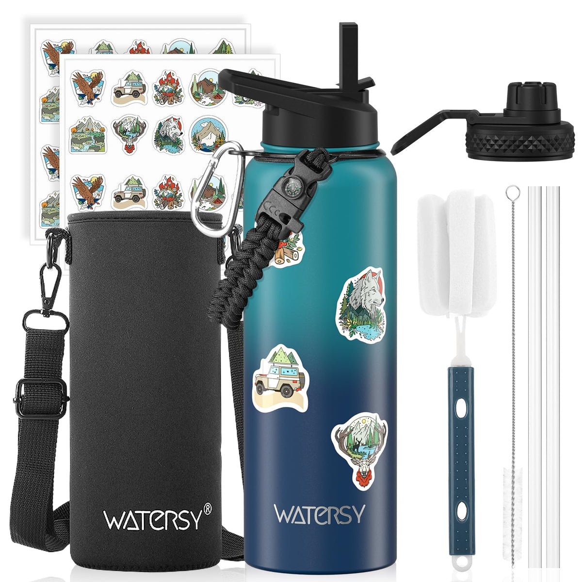 64oz Insulated Water Bottle (Cold for 48 Hrs),BPA Free&Leak Proof,Half Gallon Stainless Steel Water Flask,Water Jug with Straw Spout Lids for Gym,Hiking,Camping,Black Blue