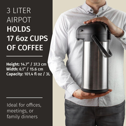 Coffee Carafe with Pump 102oz / 3L Airpot Large Hot Water Dispenser | 12 Hours Hot Cocoa Dispenser for Parties,Tea Flask, Insulated Stainless Steel Airpots for Hot Beverage Dispenser Coffee Pump