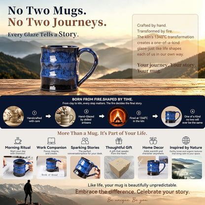 Midnight Blue Ceramic Coffee Mug 15oz - Handcrafted Artisan Mug with Large Handle for Comfort, Unique Birthday Gift for Him/Her, Office Desk Essential, Safe for Dishwasher