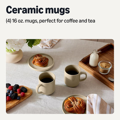 Amazon Basics Stoneware Coffee Mugs, 16 oz, 4-Piece Set, Gloss-Glazed, Stain-Resistant, Microwave, Freezer and Dishwasher-Safe, Linen Gray