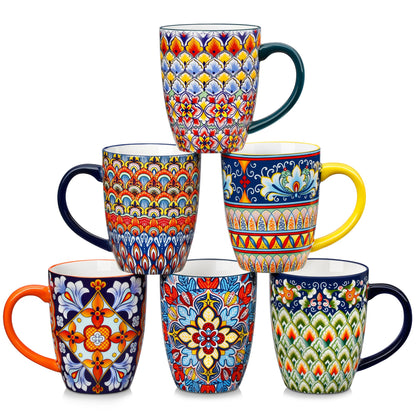 vancasso SIMI 16 oz Large Coffee Mugs Set of 6, Ceramic Cups with Handle | Bohemian Mug, Ideal for Coffee, Latte, Tea, Cappuccino and Hot Chocolate, Dishwasher Microwave Safe for Daily Use Gift Set