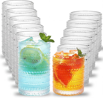 Moretoes Hobnail Drinking Glasses Set of 12, Vintage Water Glass Cups | 12 Oz Highball Glasses & 10 Oz Cocktail Glasses, Clear Embossed Boho Kitchen Bar Tumbler for Whiskey, Beer, Juice, Milk