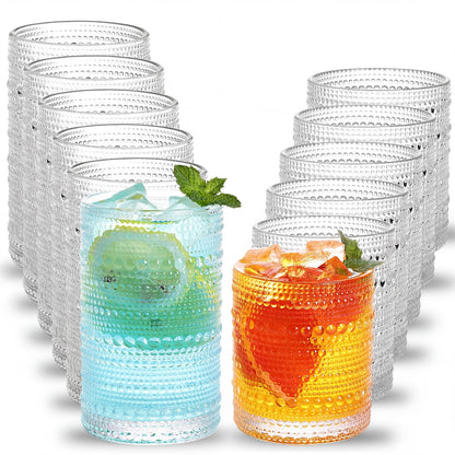 Moretoes Hobnail Drinking Glasses Set of 12, Vintage Water Glass Cups | 12 Oz Highball Glasses & 10 Oz Cocktail Glasses, Clear Embossed Boho Kitchen Bar Tumbler for Whiskey, Beer, Juice, Milk