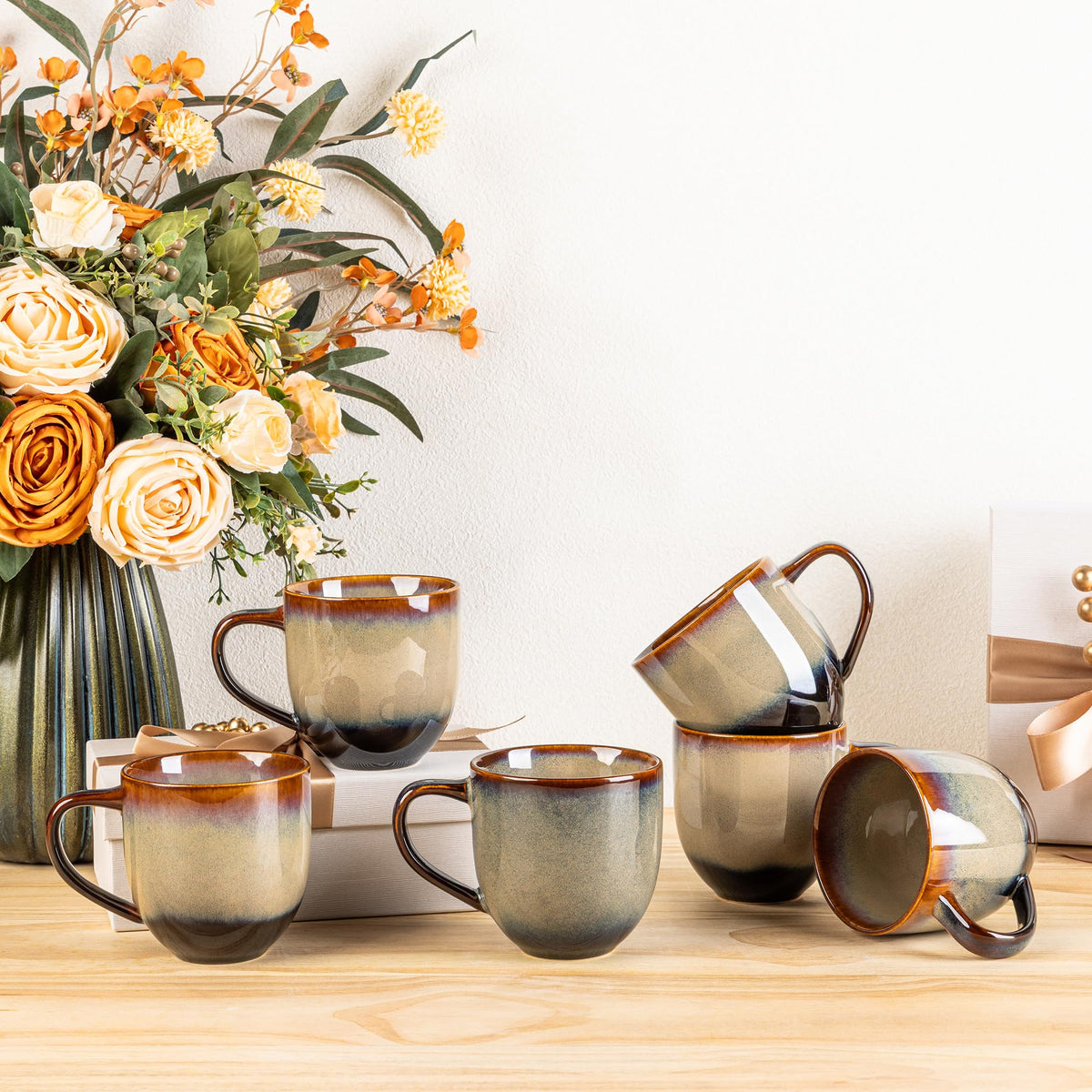 theterra Ceramic Coffee Mugs Set of 6, 14.2 oz Coffee Cups with Handle | Handmade, Suitable for Latte, Tea, Milk, Beer & Hot Cocoa, Cocoa Mocha