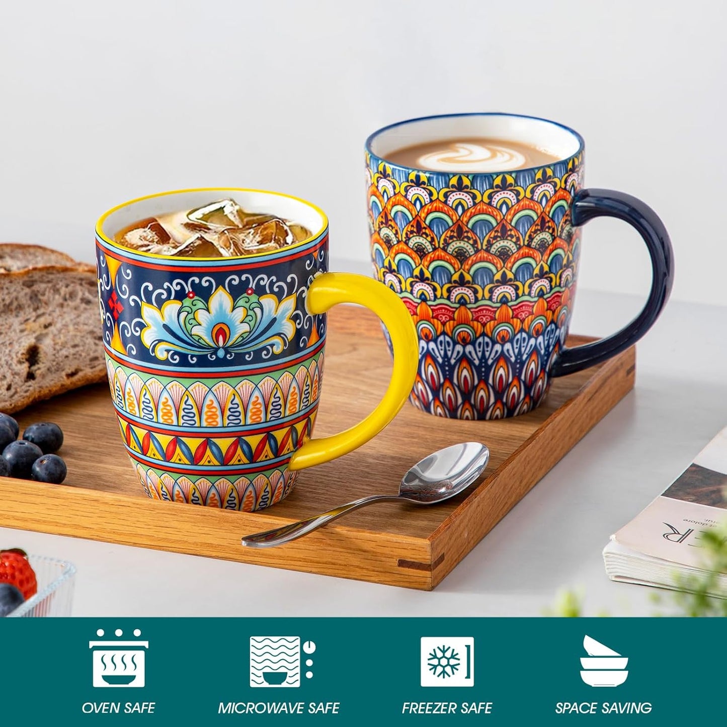vancasso SIMI 16 oz Large Coffee Mugs Set of 6, Ceramic Cups with Handle | Bohemian Mug, Ideal for Coffee, Latte, Tea, Cappuccino and Hot Chocolate, Dishwasher Microwave Safe for Daily Use Gift Set
