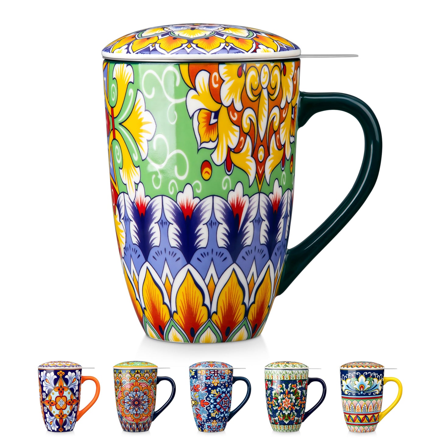 vancasso Ceramic Tea Mug with Infuser and Lid, 18 Ounce Bohemian Loose Leaf Cup, Microwave & Dishwasher Safe, Perfect for Tea, Coffee, Burnt-Cobalt Mandala