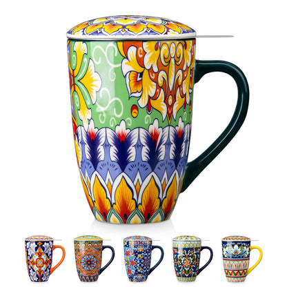 vancasso Ceramic Tea Mug with Infuser and Lid, 18 Ounce Bohemian Loose Leaf Cup, Microwave & Dishwasher Safe, Perfect for Tea, Coffee, Burnt-Cobalt Mandala