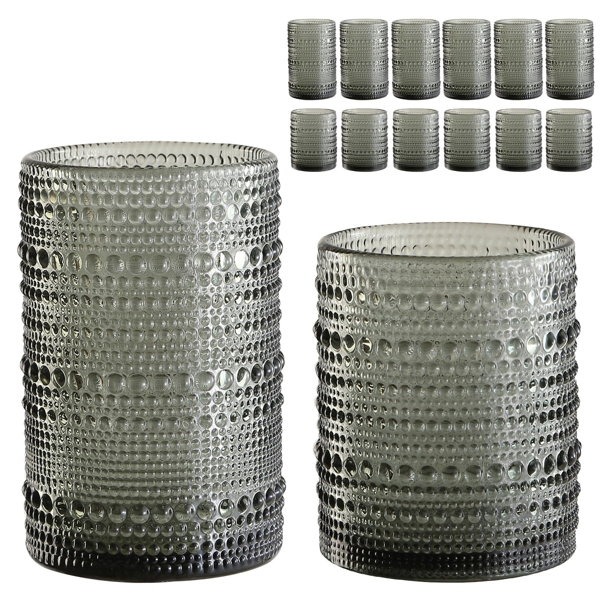 ZMOWIPDL Drinking Glasses Set of 6,15 oz Grey Hobnail Glass Cups | Vintage Glassware，Embossed Water Tumbler,for Beer,Cocktail,Whiskey,Juice and Various Mixed Drinks- 1 Cleaning Brush