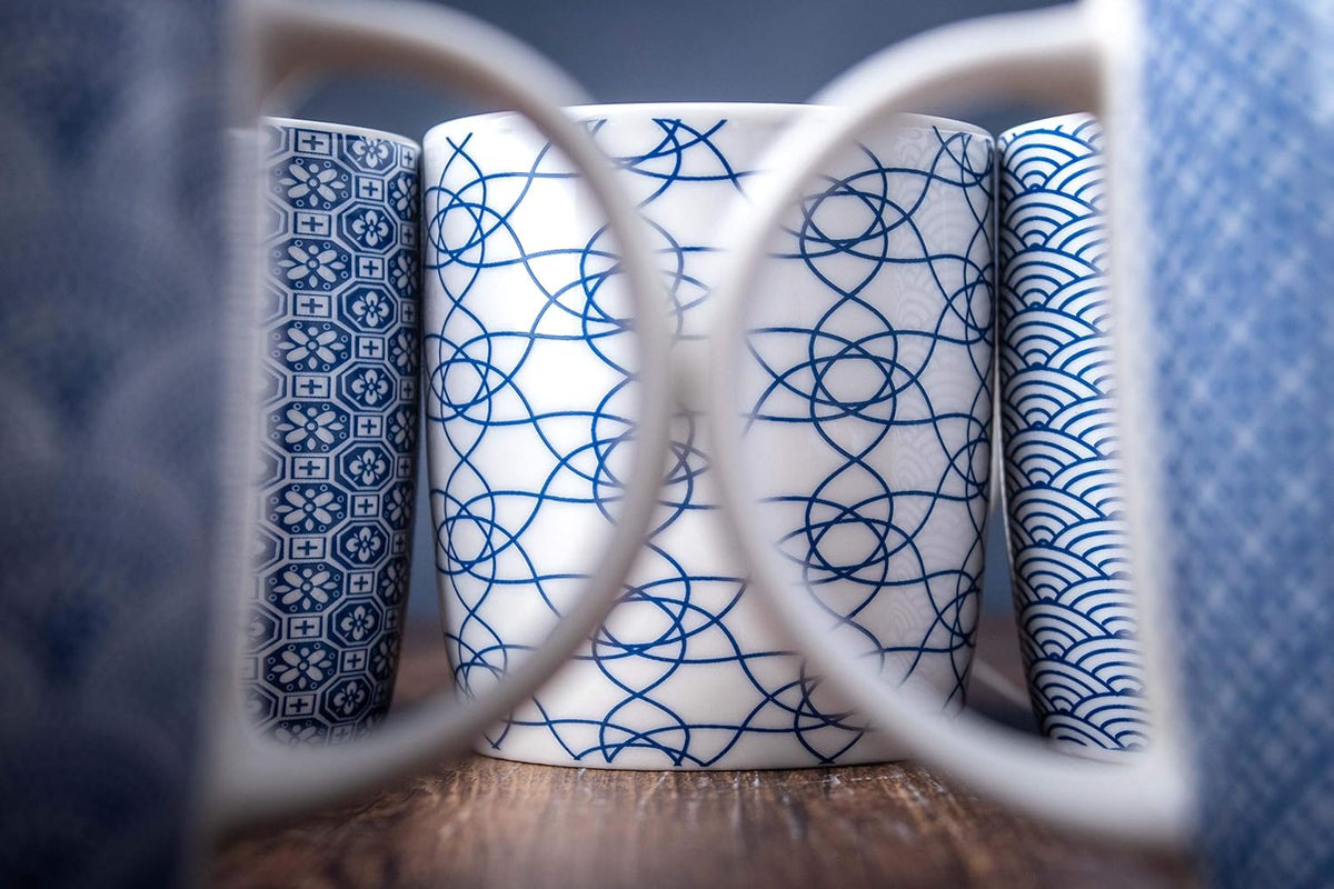 Set of 6 11.5 oz Coffee Mugs with Blue and White Geometric Patterns, Ceramic Tea Cup Set