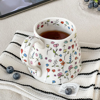 Large Ceramic Coffee Mug Cute Flower with Handmade Big Handle, 20oz Girly Pink Floral Tea Cup for Women Mothers Day, Novelty Irregular Oversized Christmas Mugs for Latte Tea Milk Cocoa