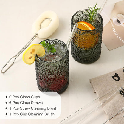 ZMOWIPDL Drinking Glasses Set of 6,15 oz Grey Hobnail Glass Cups | Vintage Glassware，Embossed Water Tumbler,for Beer,Cocktail,Whiskey,Juice and Various Mixed Drinks- 1 Cleaning Brush