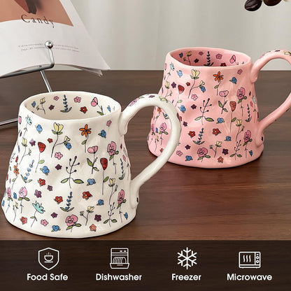 Large Ceramic Coffee Mug Cute Flower with Handmade Big Handle, 20oz Girly Pink Floral Tea Cup for Women Mothers Day, Novelty Irregular Oversized Christmas Mugs for Latte Tea Milk Cocoa