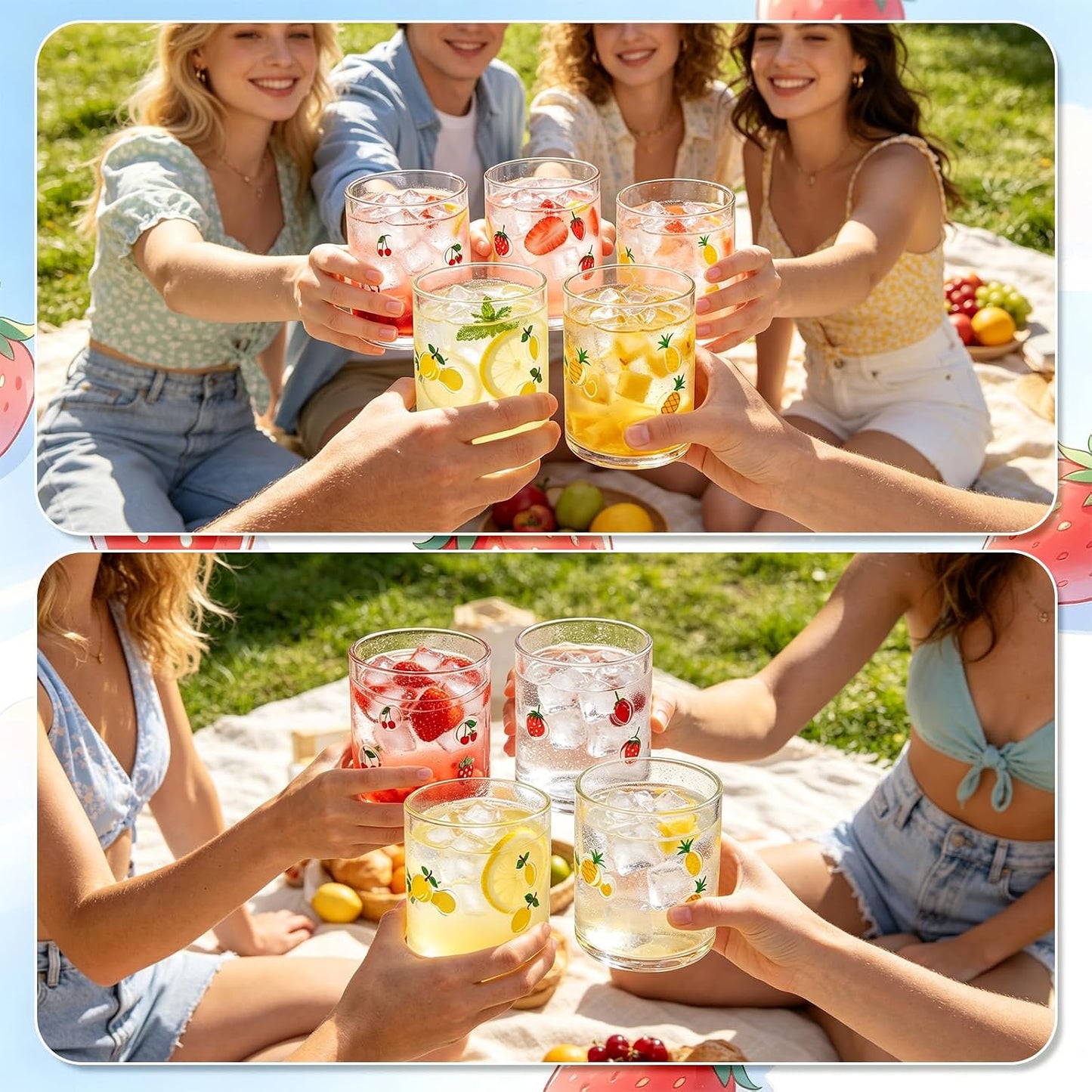 4 Pack Fruit Icon Juice Glasses Set | 14oz Stemless Fruit Printed Cups for Iced Coffee Juice Cocktails Water, Summer Party Glassware Housewarming Beverage Gift