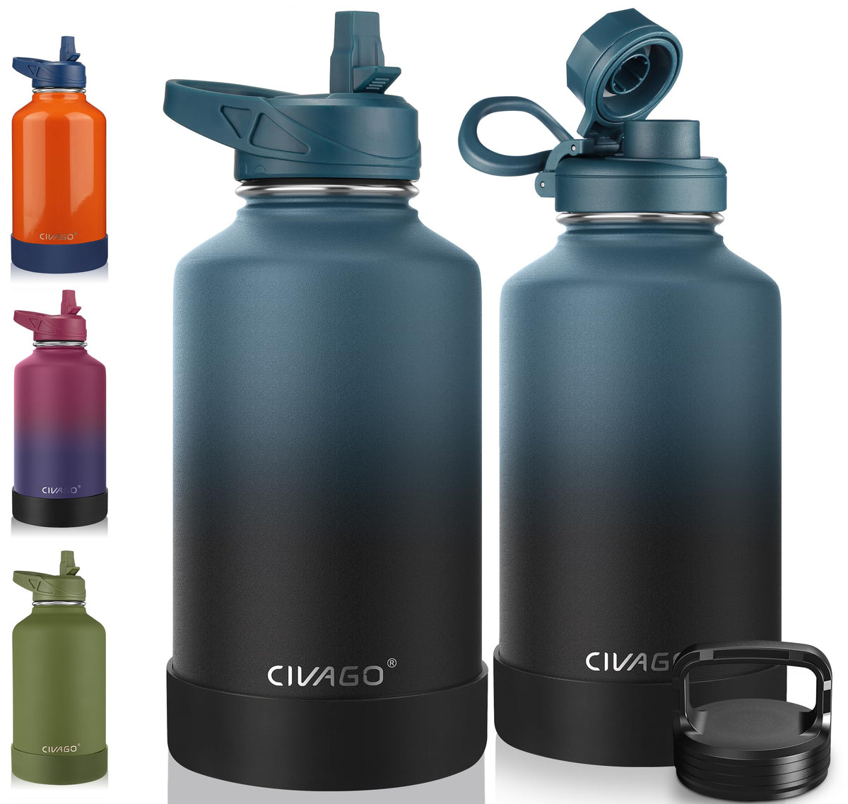 CIVAGO 40 oz Insulated Stainless Steel Water Bottle With Straw and 3 Lids | Large Metal Sports Water Jug, Leakproof Reusable Wide Mouth Thermal Flask Cup with Silicone Boot, BPA-Free, Midnight Black