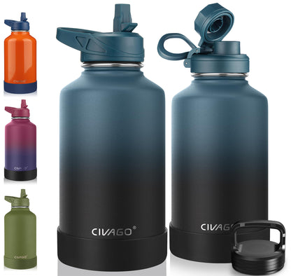CIVAGO 40 oz Insulated Stainless Steel Water Bottle With Straw and 3 Lids | Large Metal Sports Water Jug, Leakproof Reusable Wide Mouth Thermal Flask Cup with Silicone Boot, BPA-Free, Midnight Black