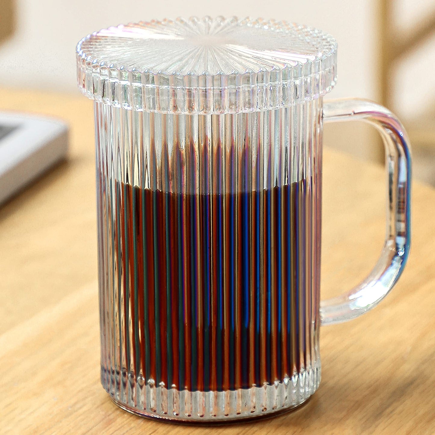 Lysenn Glass Coffee Mug with Lid - Premium Classical Vertical Stripes Glass Tea Cup - for Latte, Tea, Chocolate, Juice, Water - Lead-Free - Bamboo Lid - Lime Green | Classic Ribbed Design, Shining Glass for Coffee and Tea Lovers, Espresso, Lattes, Breakfa