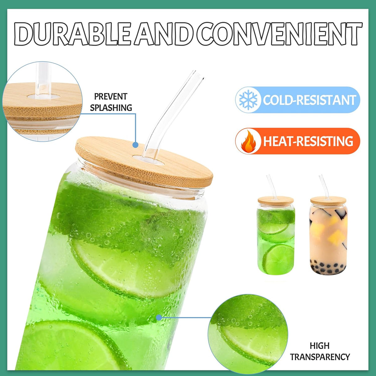 Joyclub 20Pcs Glass Cups with Bamboo Lids and Straws Bulk 16 oz Can Shaped | Clear drinking glasses include 20 cleaning brushes; reusable iced coffee tumbler wholesale for party wedding cafes shop gifts