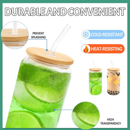 Joyclub 20Pcs Glass Cups with Bamboo Lids and Straws Bulk 16 oz Can Shaped | Clear drinking glasses include 20 cleaning brushes; reusable iced coffee tumbler wholesale for party wedding cafes shop gifts
