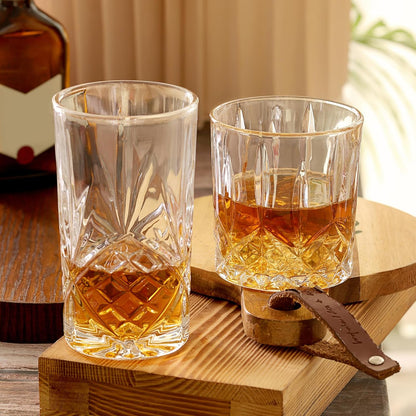Moretoes Crystal Whisky Drinking Glasses Set of 12, Glass Cups | Mixed Glassware Set, 12 Oz Highball Glasses & 11 Oz Old Fashioned Glasses, Great for Cocktail and Other Beverages