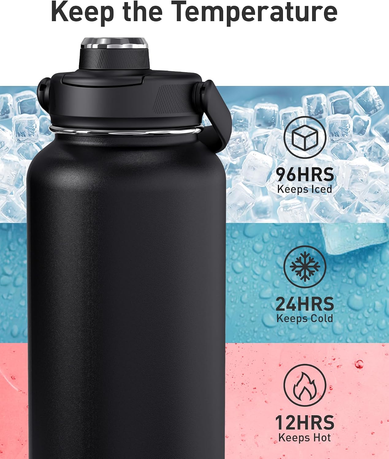 TOURIT 24 oz Insulated Stainless Steel Water Bottle, Obsidian | Double-wall vacuum thermal flask with top handle, leakproof & BPA-free design for sports, gym, hiking & travel use