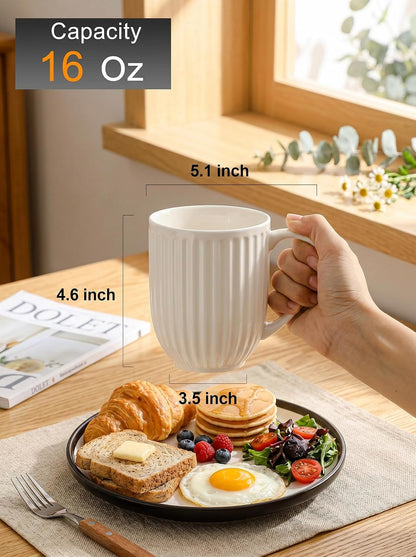 HASENSE Textured Large Coffee Mugs Set of 4, 16 Oz Ribbed Ceramic Cups with Large Handle for Latte Tea Cappuccino, Stackable Embossed Mug Set for Mom Dad, Microwave Dishwasher Safe, Creamy White