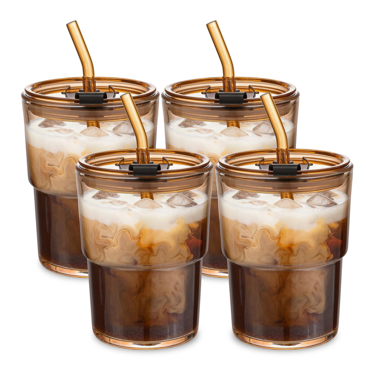 13oz Glass Tumbler with Straw and Lid Sealed, Carry On Reusable Iced Coffee Cups,Thick Wall Glass Coffee Drinking Glassware Cups