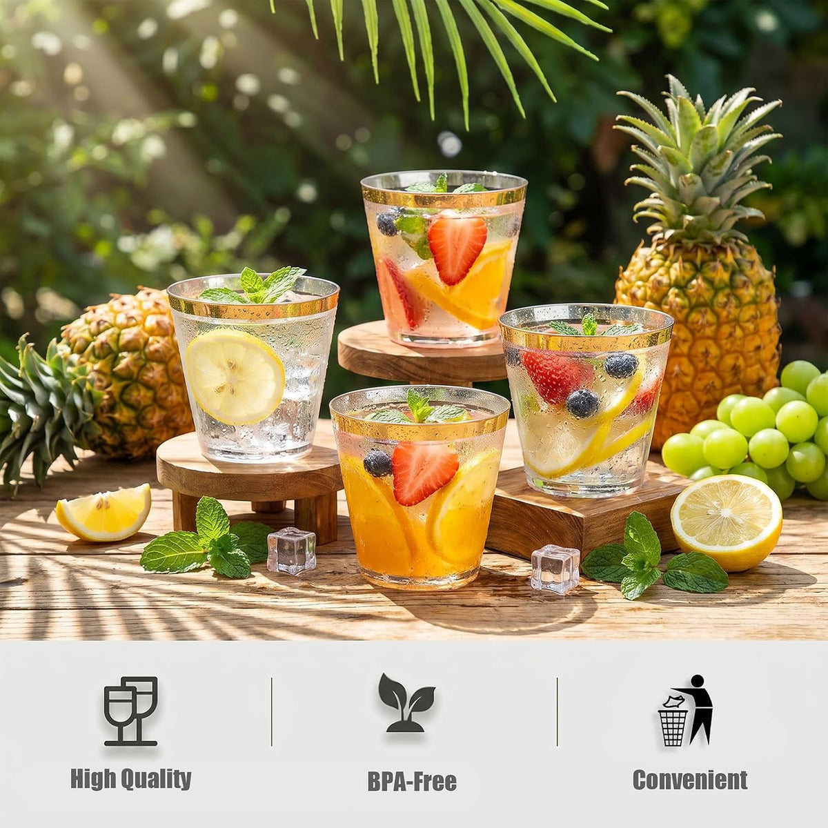 I00000 200 Pack Gold Plastic Cups, 9 Oz Elegant Clear Plastic Cups Gold Rimmed Disposable Wine Glasses Fancy Disposable Party Cup Wedding Cup Drinking Tumblers Cocktail Glasses Perfect for Party