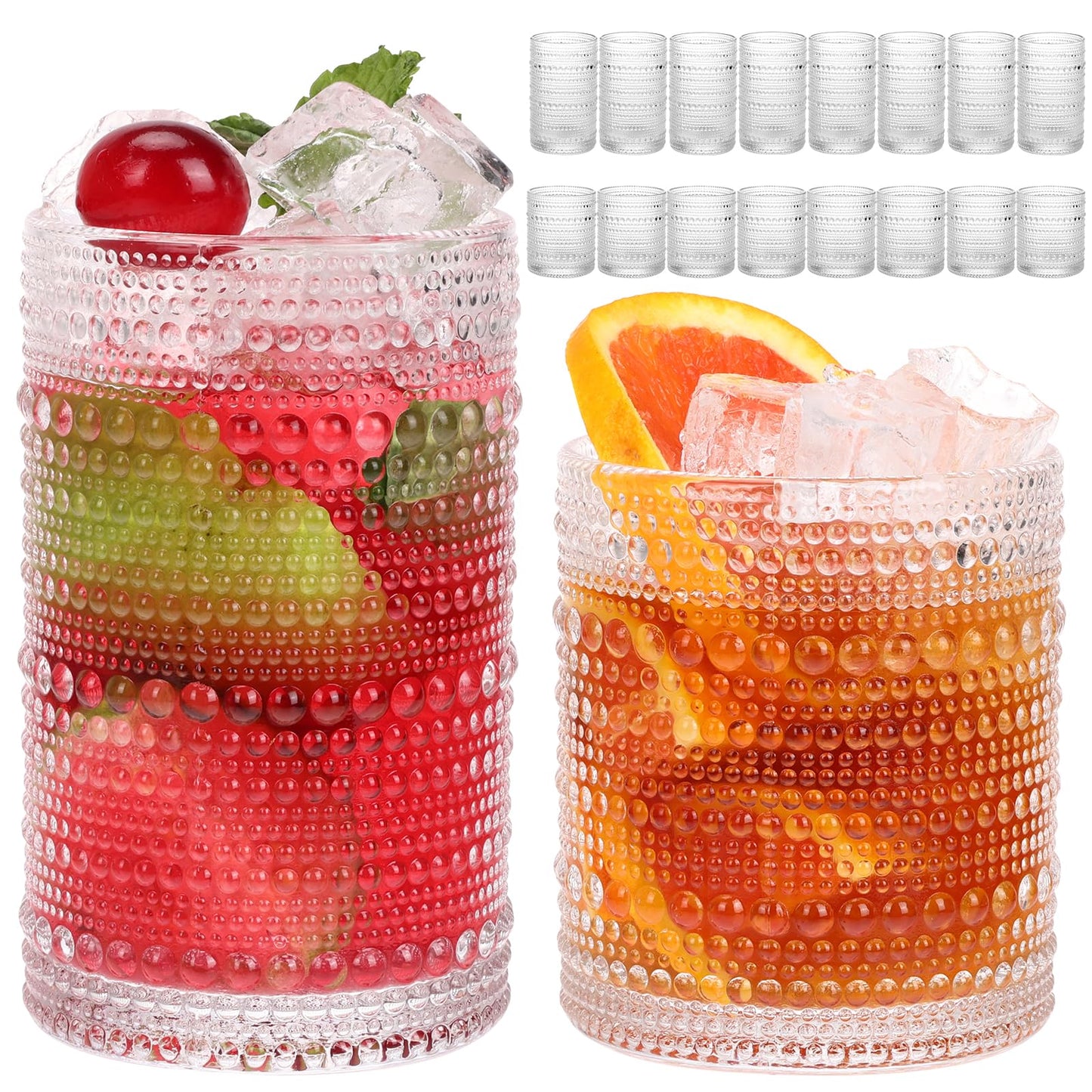 Moretoes Hobnail Drinking Glasses Set of 12, Vintage Water Glass Cups | 12 Oz Highball Glasses & 10 Oz Cocktail Glasses, Clear Embossed Boho Kitchen Bar Tumbler for Whiskey, Beer, Juice, Milk