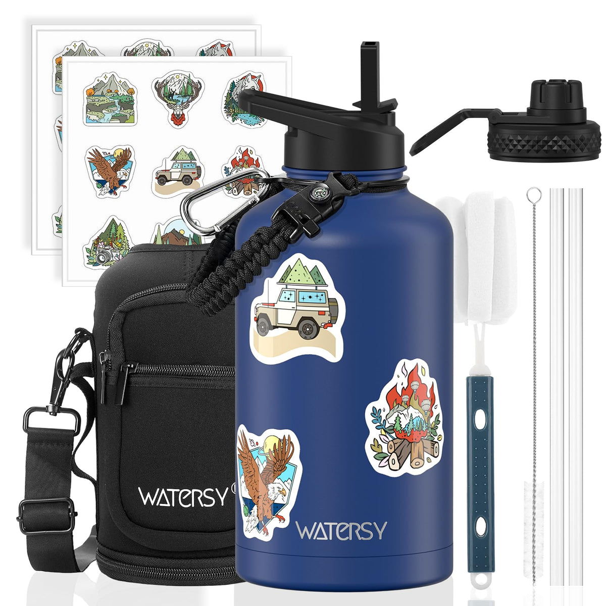 64oz Insulated Water Bottle (Cold for 48 Hrs),BPA Free&Leak Proof,Half Gallon Stainless Steel Water Flask,Water Jug with Straw Spout Lids for Gym,Hiking,Camping,Black Blue