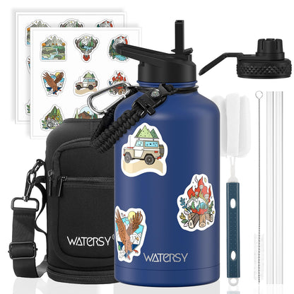 64oz Insulated Water Bottle (Cold for 48 Hrs),BPA Free&Leak Proof,Half Gallon Stainless Steel Water Flask,Water Jug with Straw Spout Lids for Gym,Hiking,Camping,Black Blue