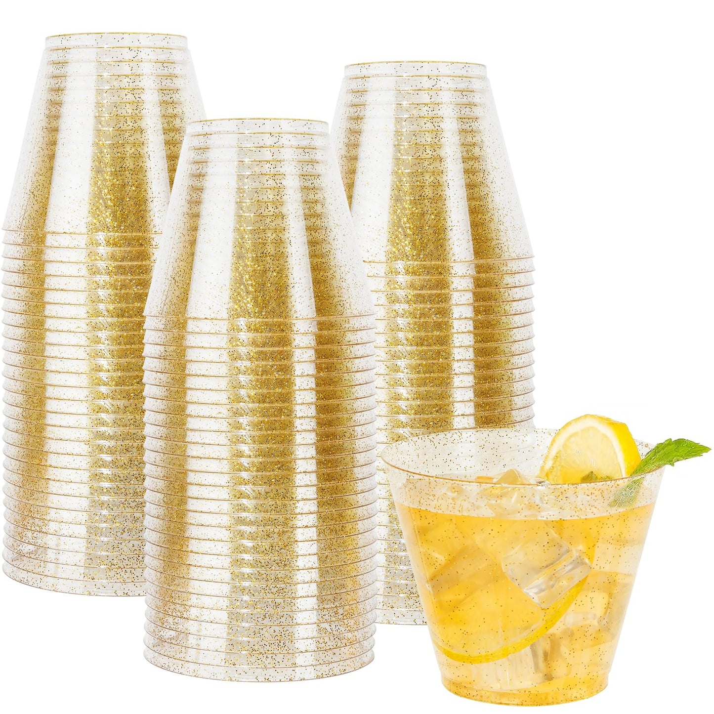 I00000 200 Pack Gold Plastic Cups, 9 Oz Elegant Clear Plastic Cups Gold Rimmed Disposable Wine Glasses Fancy Disposable Party Cup Wedding Cup Drinking Tumblers Cocktail Glasses Perfect for Party