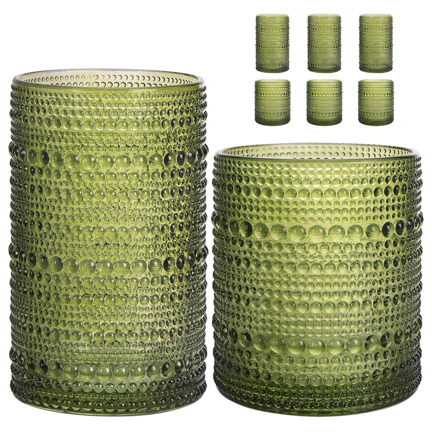 Moretoes Hobnail Drinking Glasses Set of 12, Vintage Water Glass Cups | 12 Oz Highball Glasses & 10 Oz Cocktail Glasses, Clear Embossed Boho Kitchen Bar Tumbler for Whiskey, Beer, Juice, Milk