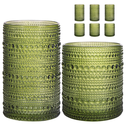 Moretoes Hobnail Drinking Glasses Set of 12, Vintage Water Glass Cups | 12 Oz Highball Glasses & 10 Oz Cocktail Glasses, Clear Embossed Boho Kitchen Bar Tumbler for Whiskey, Beer, Juice, Milk