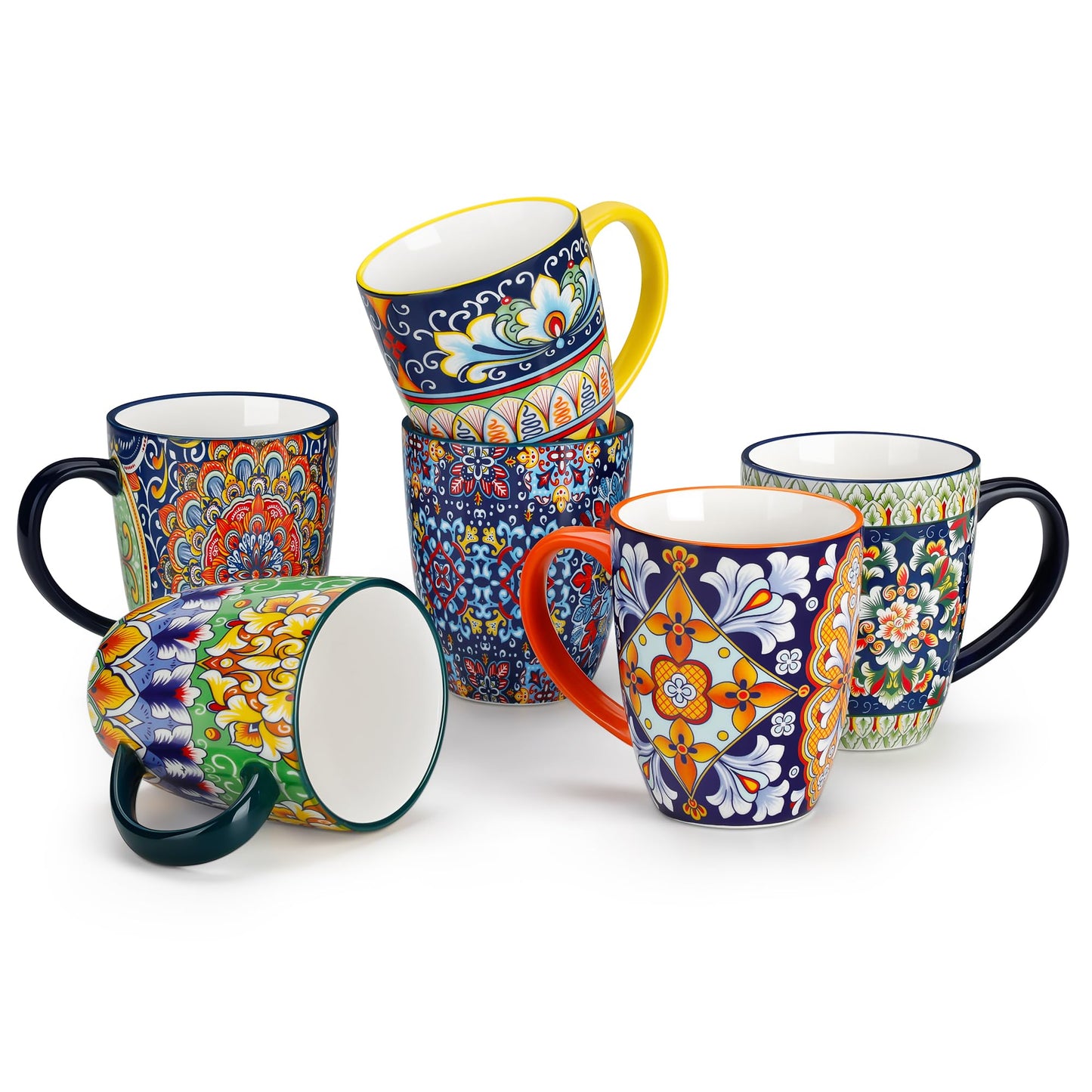 vancasso SIMI 16 oz Large Coffee Mugs Set of 6, Ceramic Cups with Handle | Bohemian Mug, Ideal for Coffee, Latte, Tea, Cappuccino and Hot Chocolate, Dishwasher Microwave Safe for Daily Use Gift Set