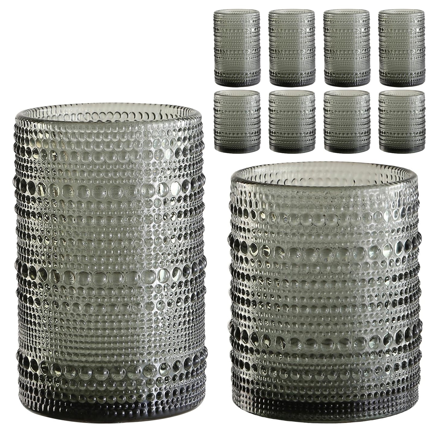 ZMOWIPDL Drinking Glasses Set of 6,15 oz Grey Hobnail Glass Cups | Vintage Glassware，Embossed Water Tumbler,for Beer,Cocktail,Whiskey,Juice and Various Mixed Drinks- 1 Cleaning Brush