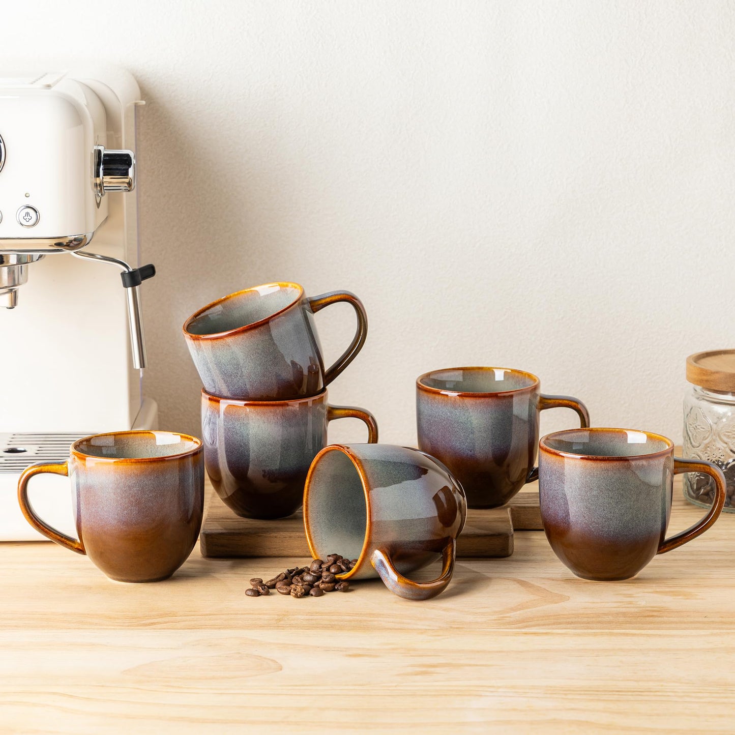theterra Ceramic Coffee Mugs Set of 6, 14.2 oz Coffee Cups with Handle | Handmade, Suitable for Latte, Tea, Milk, Beer & Hot Cocoa, Cocoa Mocha