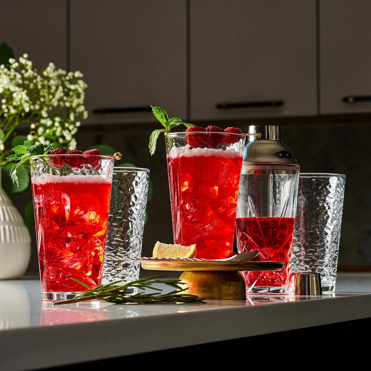 Le'raze Set of 10 Hammered Glass Cups, Clear Heavy Base Drinking Glasses | 16oz, Stackable, Durable, Dishwasher Safe, Freezer Safe, Non Slip, 100% Food Grade, BPA Free, Secure Packaging, Eco-Friendly