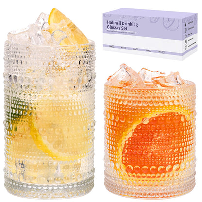 Moretoes Hobnail Drinking Glasses Set of 12, Vintage Water Glass Cups | 12 Oz Highball Glasses & 10 Oz Cocktail Glasses, Clear Embossed Boho Kitchen Bar Tumbler for Whiskey, Beer, Juice, Milk